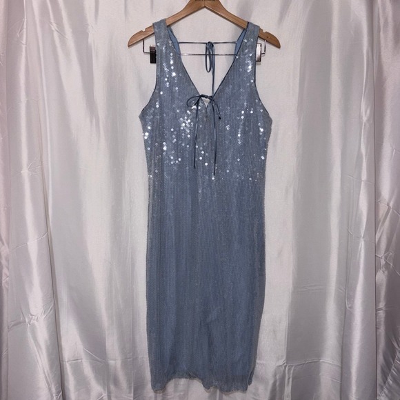Crystal Doll Dresses & Skirts - Crystal Doll Light Blue Sequin Mesh V-Neck Tie Back Cocktail Dress XL NWOT